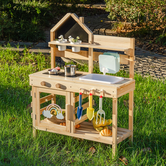 Outdoor wooden mud kitchen, angled view showing the side counter and storage shelves