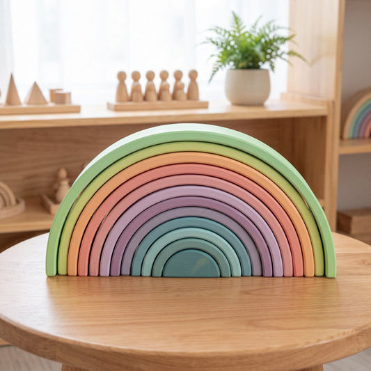 Pastel 12-piece nested arch stacker on a wood table in a Montessori playroom (pastel 12 colorway)