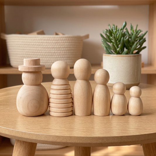 6-piece set of natural unfinished wood peg dolls on a wood table (6pcs)