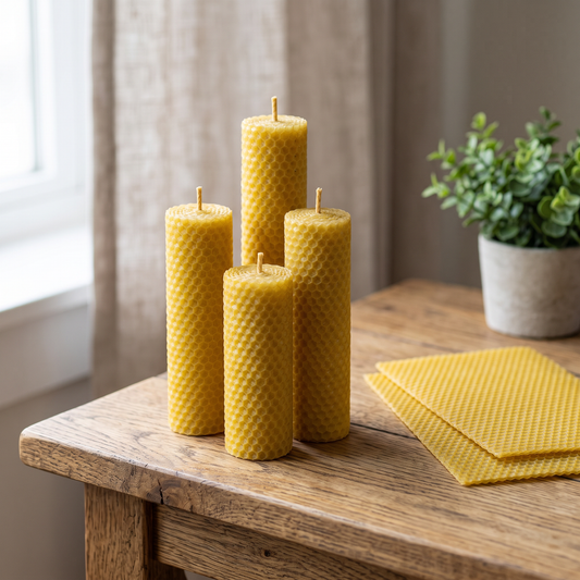 Finished rolled beeswax candles standing on a rustic wood table at home