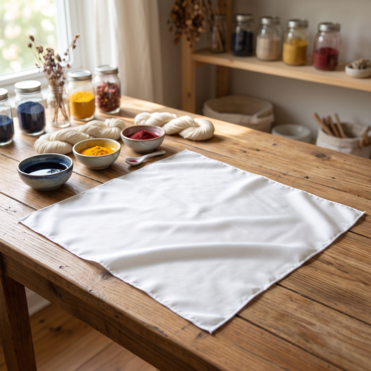 Square blank white silk scarf laid flat on a craft table beside dye bowls