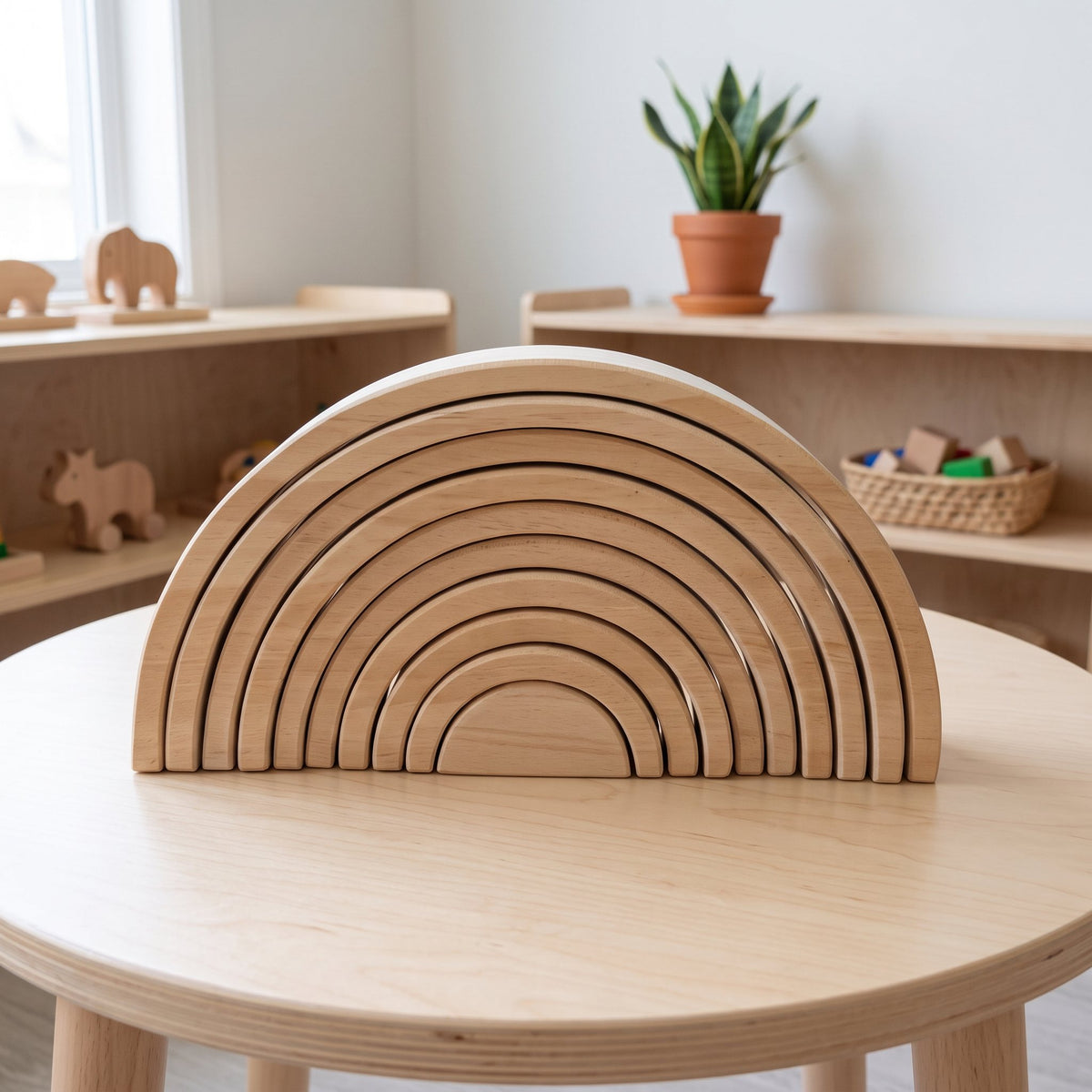 Natural unpainted 10-piece nested arch stacker on a wood table (unpaint 10 colorway)
