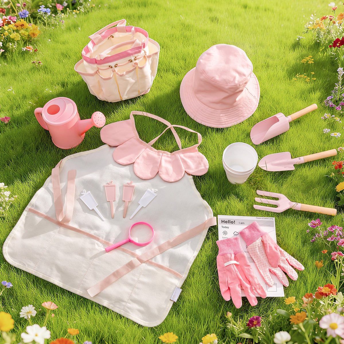 Light pink children's gardening set flat-lay on grass: tote bag, hat, apron, gloves, watering can, tools