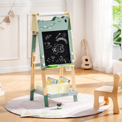 Natural wood adjustable crocodile-shaped easel with chalkboard and whiteboard sides, front view