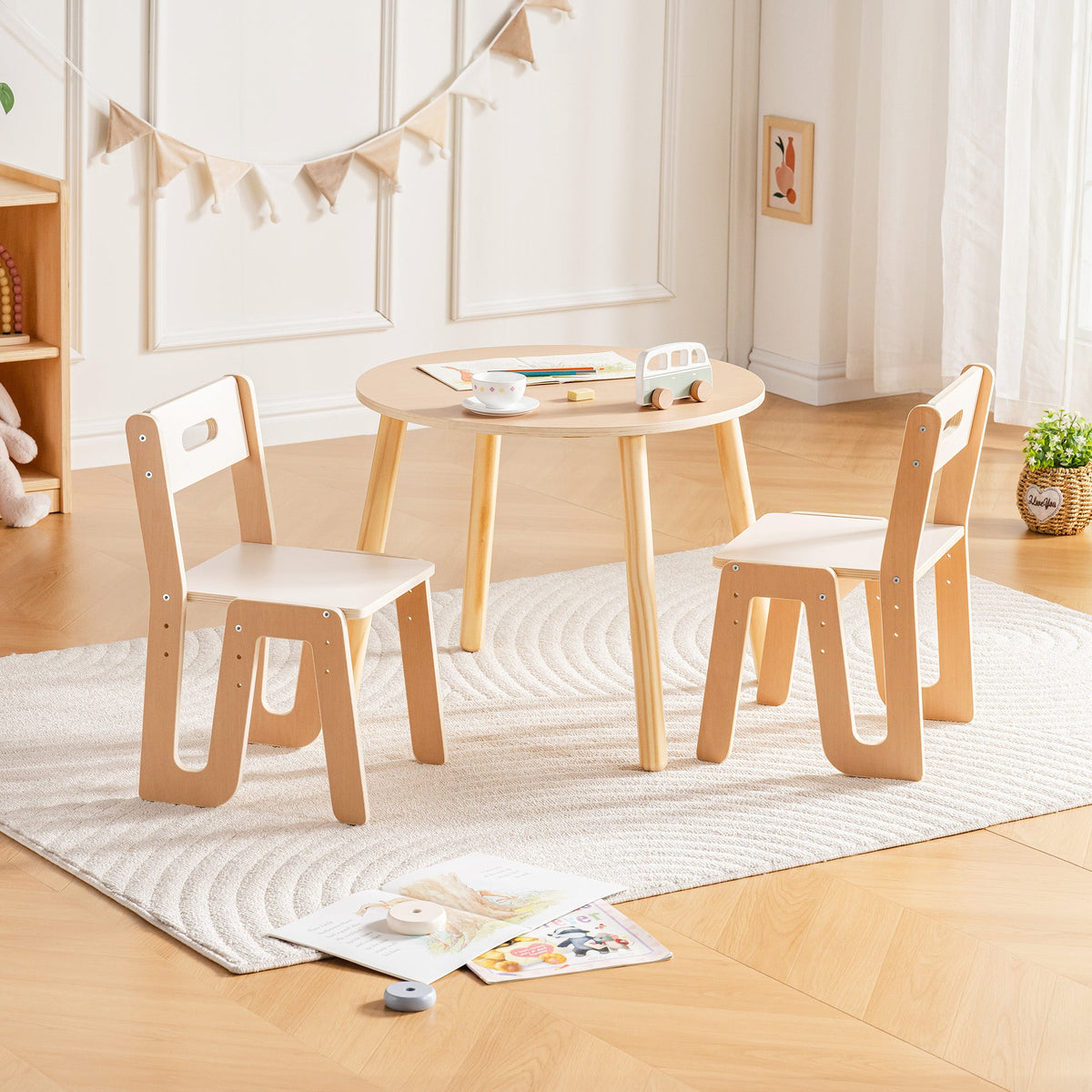 ROBUD Kids Chair and Table Set in natural beech and white, displayed in a bright playroom with bunting and book décor.