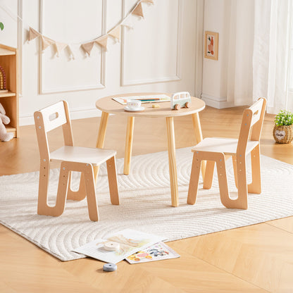 ROBUD Kids Chair and Table Set in natural beech and white, displayed in a bright playroom with bunting and book décor.