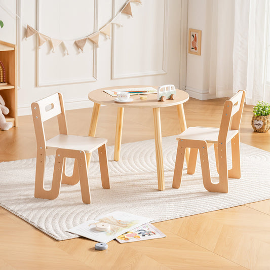 ROBUD Kids Chair and Table Set in natural beech and white, displayed in a bright playroom with bunting and book décor.