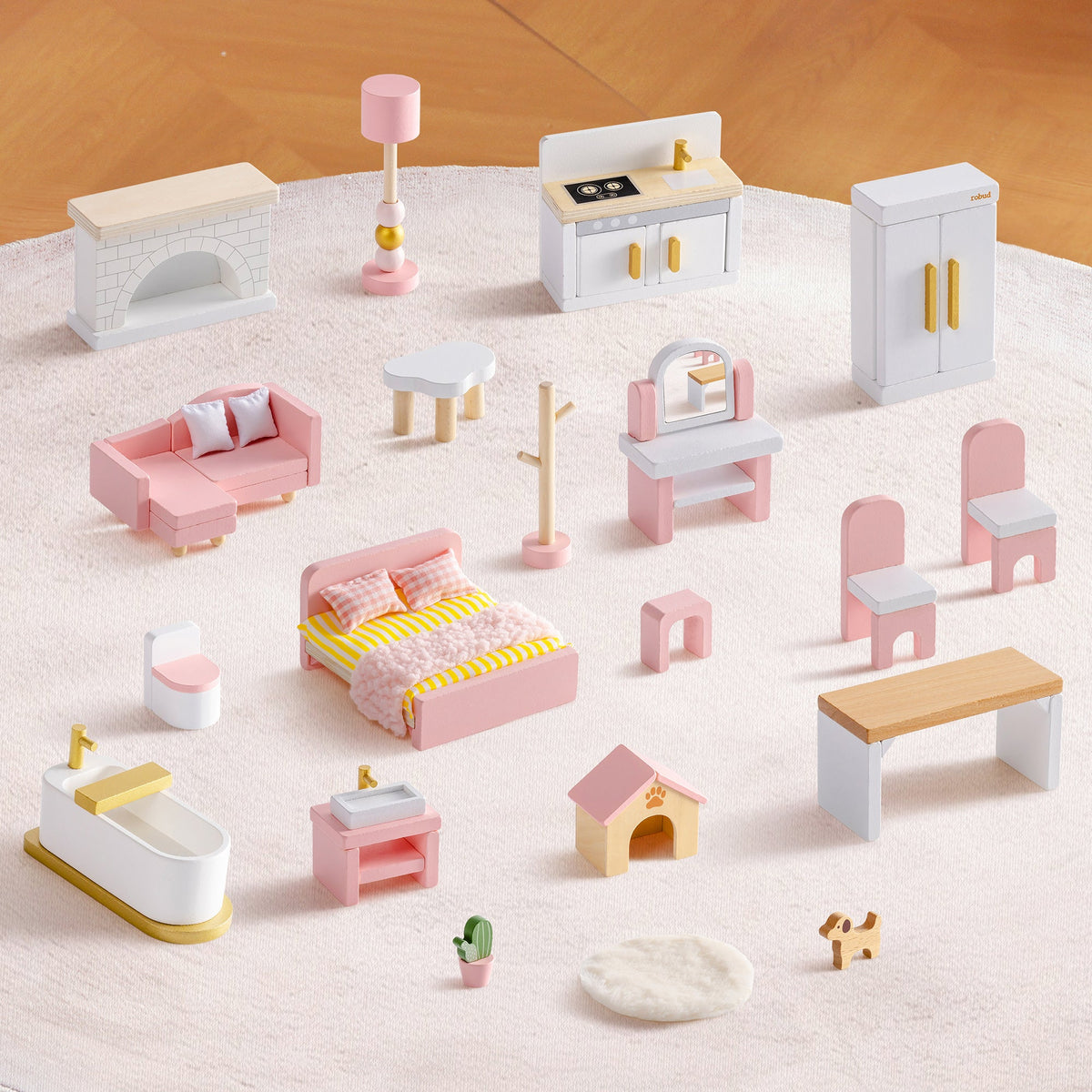 ROBUD Wooden Dollhouse Furniture Set in pink and white showing bedroom, lounge, kitchen and bathroom pieces together