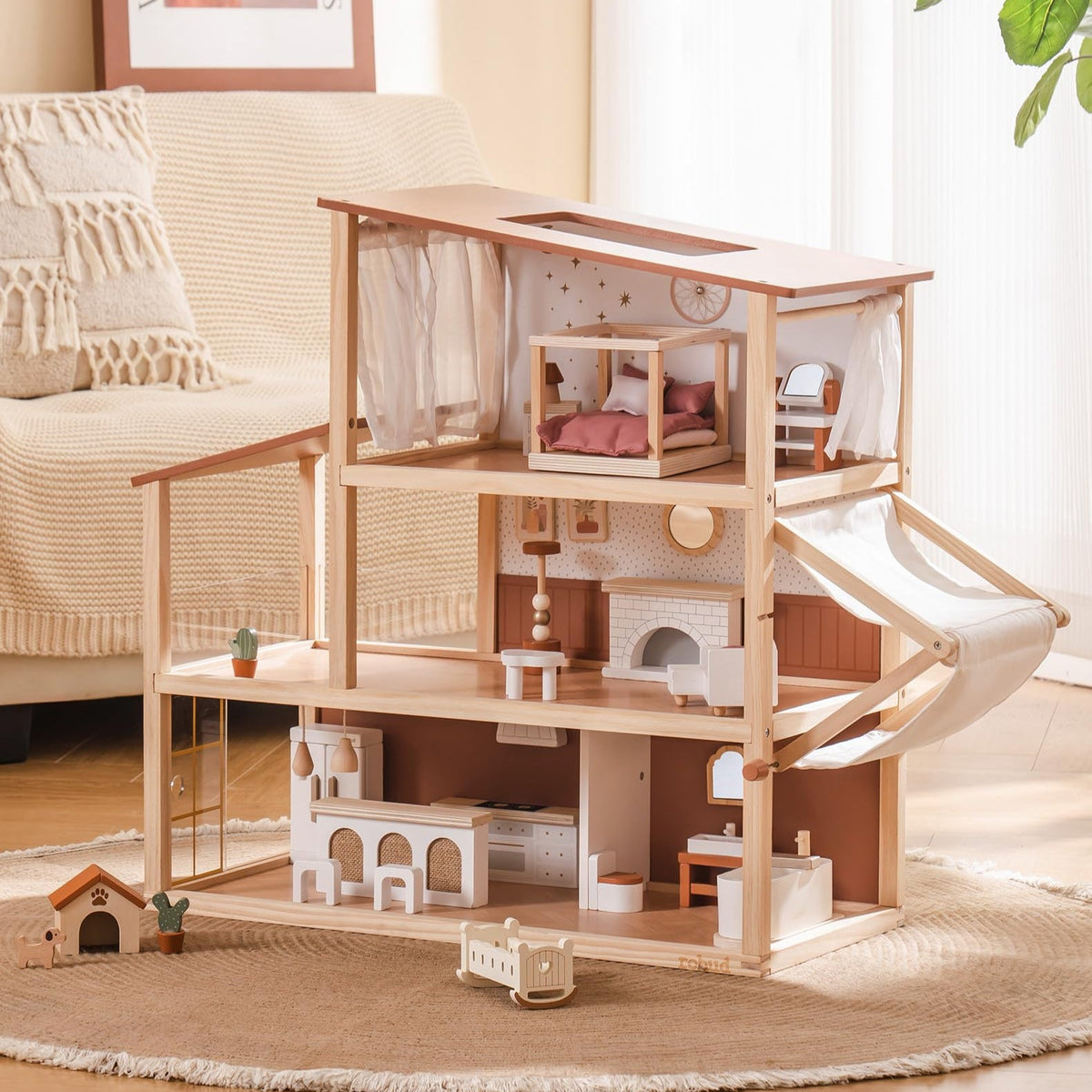 Bohemian natural wood dollhouse with open rooms and craft-paper decor, front view