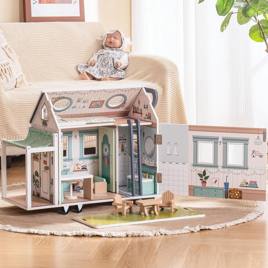 Wooden camper van dollhouse opened to show its furnished rooms, on a rug in a living room