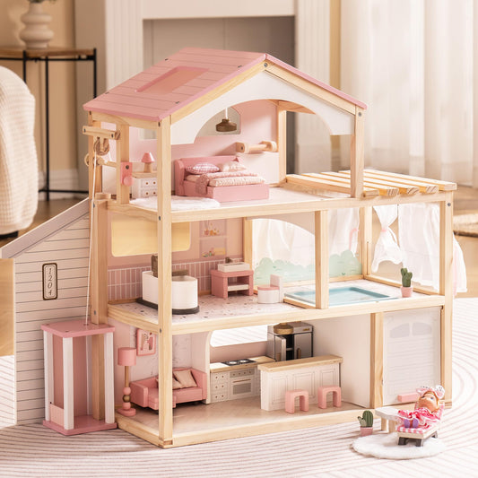 Three-story wooden dollhouse with pink roof and natural wood frame showing furnished interior rooms