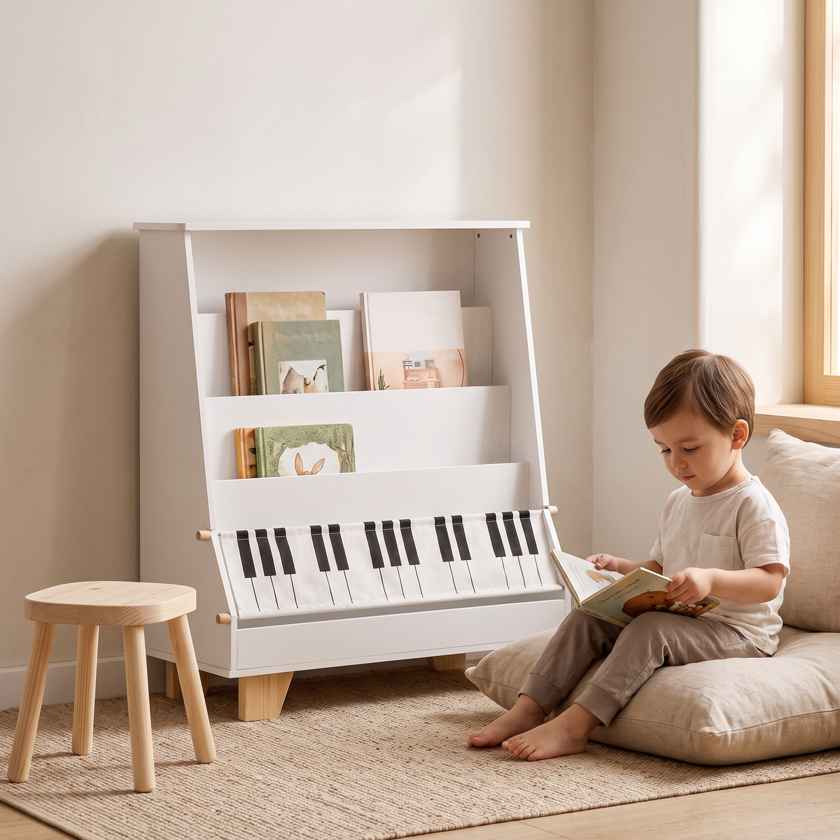 White front-facing kids bookshelf with piano-key fabric pocket in a natural-wood Montessori reading nook, a boy reading beside it