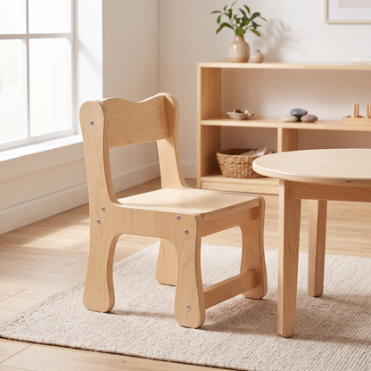 Single ROBUD wooden toddler chair (Set of 1) in a calm natural-wood Montessori playroom beside a low round table
