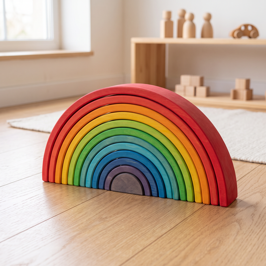 Lime wood rainbow arch stacker assembled on a wood floor in a natural-wood Montessori playroom