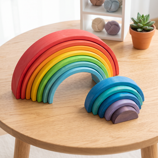 Rainbow arch stacker partly taken apart on a wood table, arcs nested beside the main arch