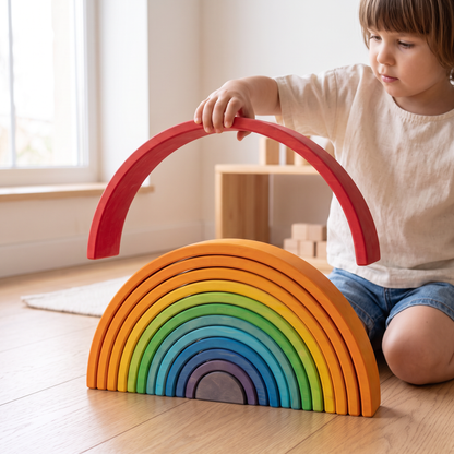 Child about 3 years old lifting one arc off the top of a 12-piece rainbow arch stacker, 11 arcs remaining nested in the stack