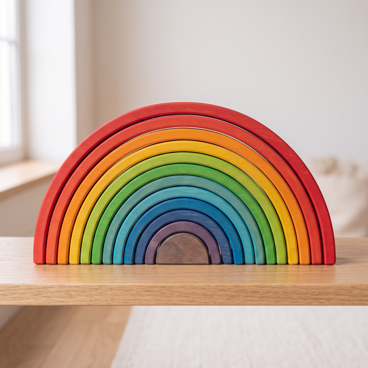 Fully assembled 12-piece rainbow arch stacker standing alone on a wooden shelf, no other toys