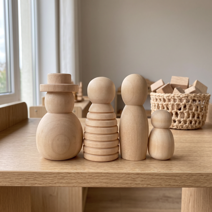 4-piece set of natural unfinished wood peg dolls on a Montessori shelf (4pcs)