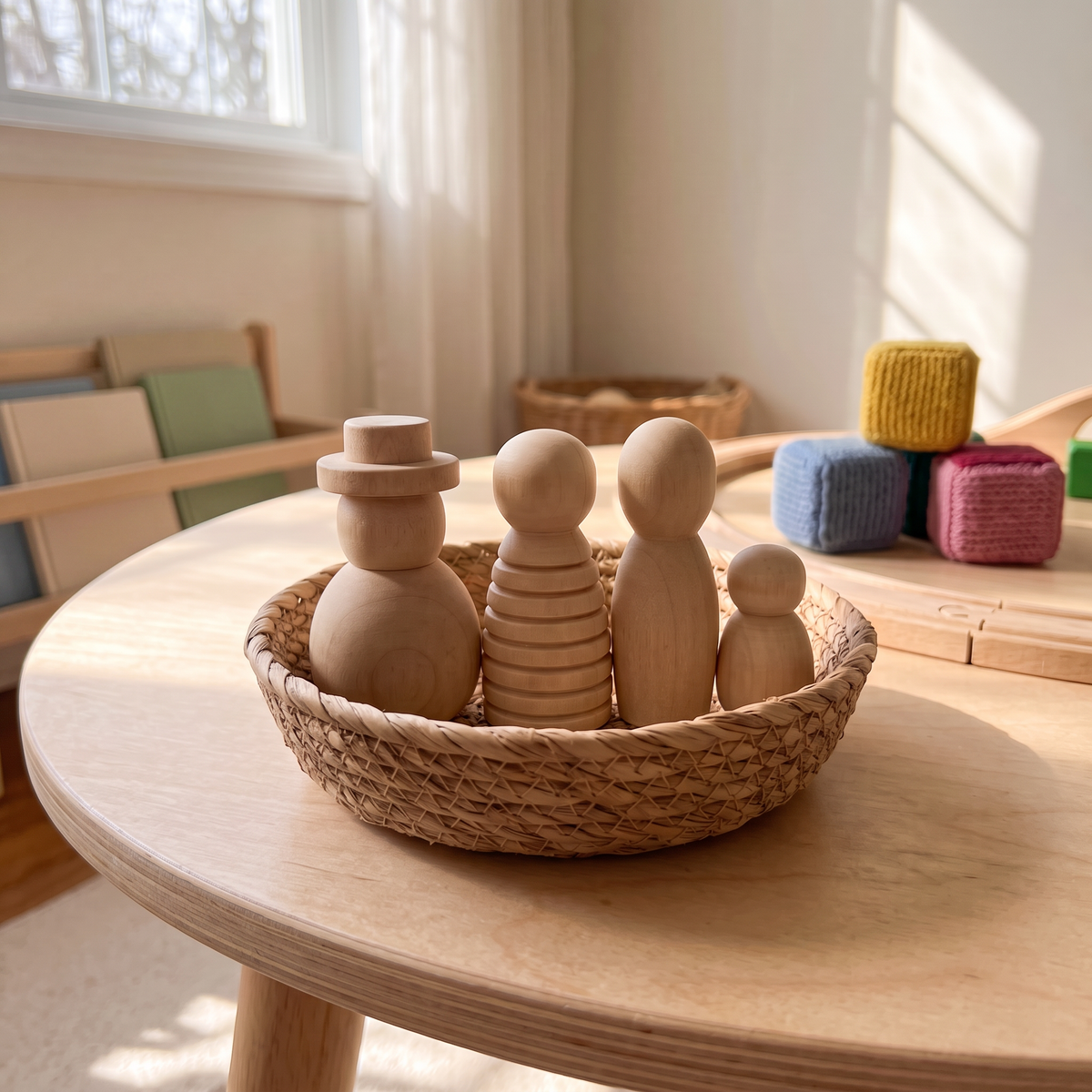 Assortment of natural wood peg dolls standing together in a small woven basket on a play table, blank books in the background