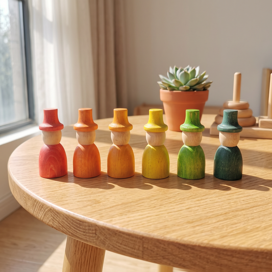6 rainbow-colored wizard peg dolls in a row on a wood table (rainbow 6)