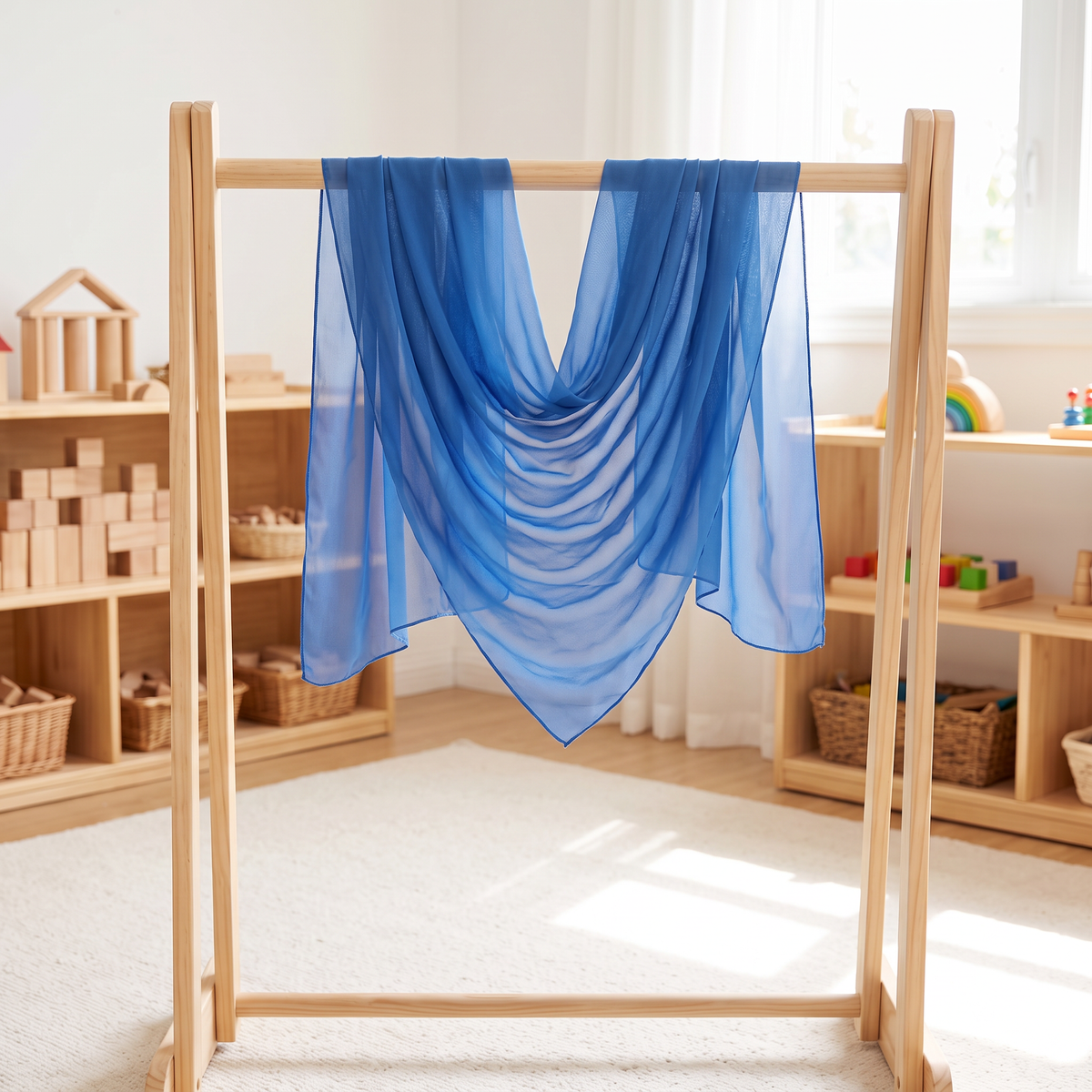 Large Rainbow Play Silk in solid blue, 190x120cm