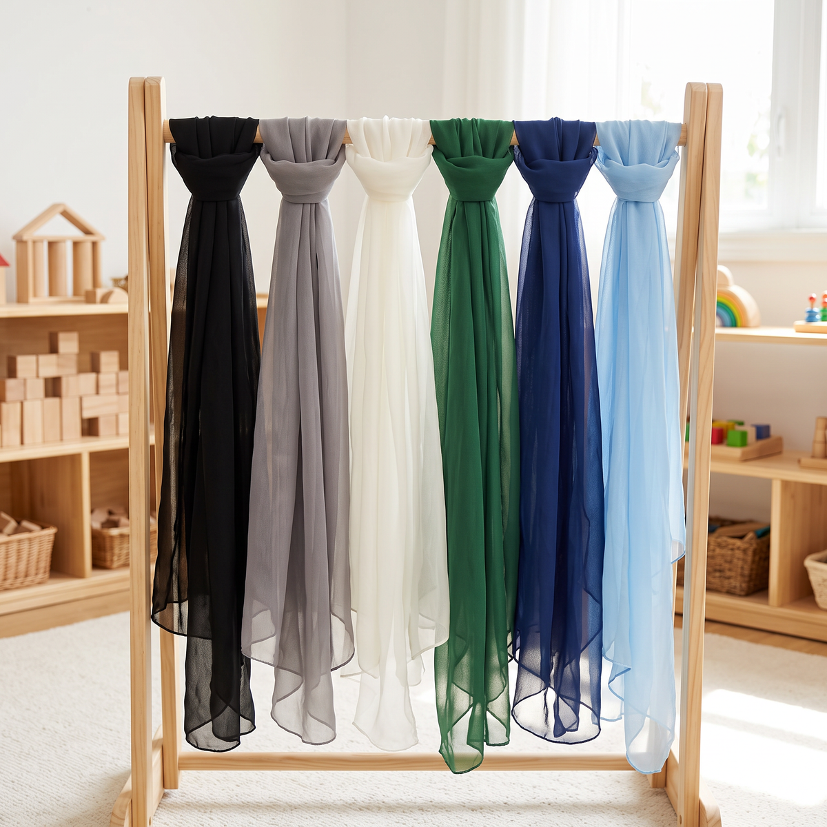 Black, grey, cream, green, navy and sky blue play silks draped together on a wooden rack