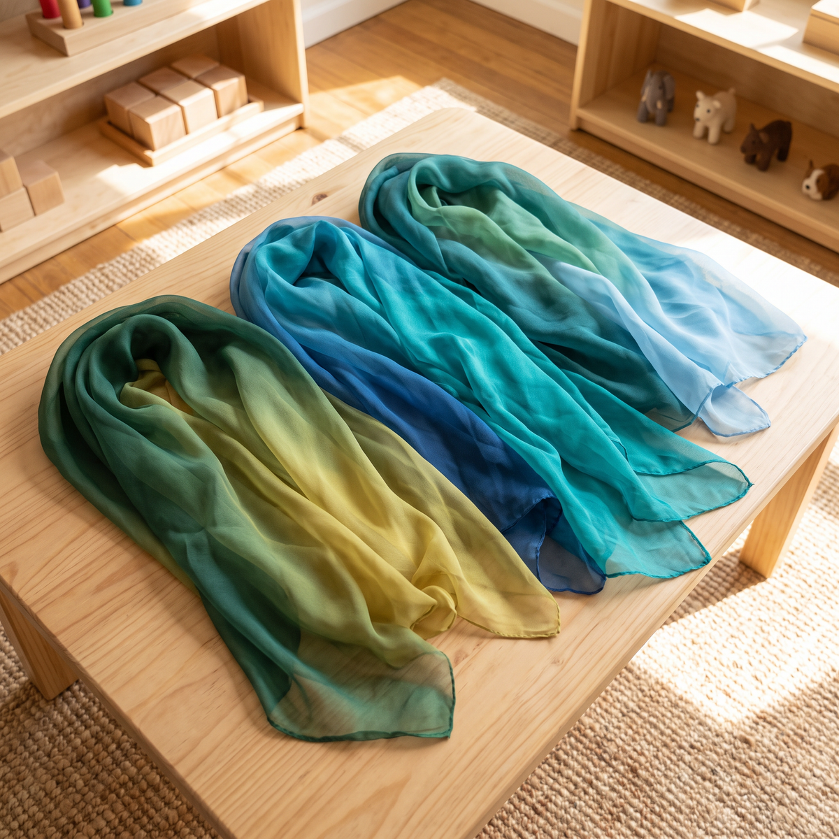 Three cool ombre play silks (green, teal-blue, and blue-green gradients) draped on a wooden table in a Montessori playroom
