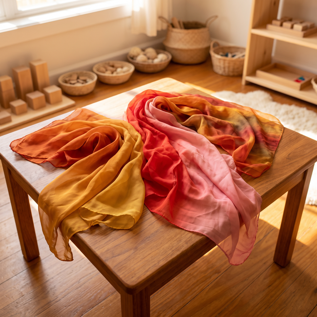 Three warm ombre play silks (yellow-orange, red-coral, and pink gradients) draped on a wooden table in a Montessori playroom