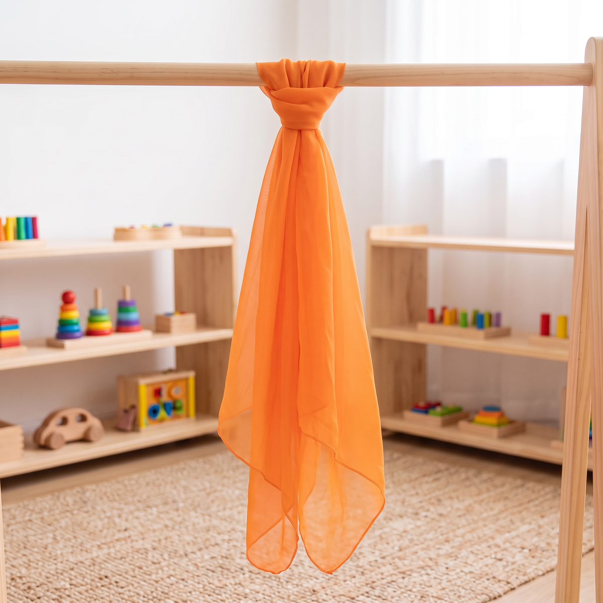 Large Rainbow Play Silk in solid orange, 190x120cm