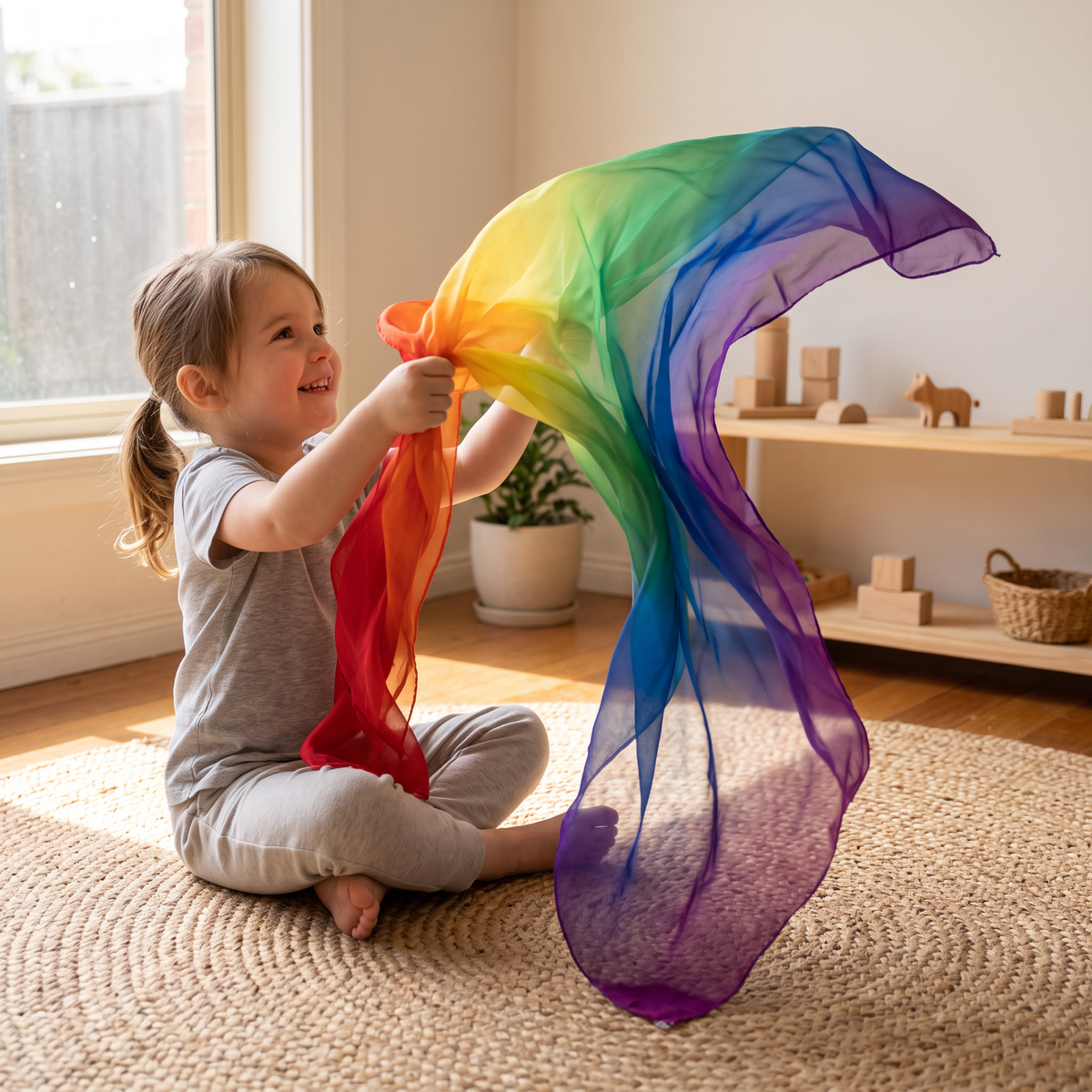 Child playing with a full-rainbow ombre play silk in a Montessori playroom (Rainbow 160x50cm)