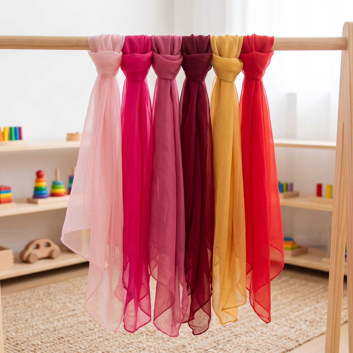Pale pink, magenta, dusty rose, wine red, mustard gold and red play silks draped together on a wooden rack