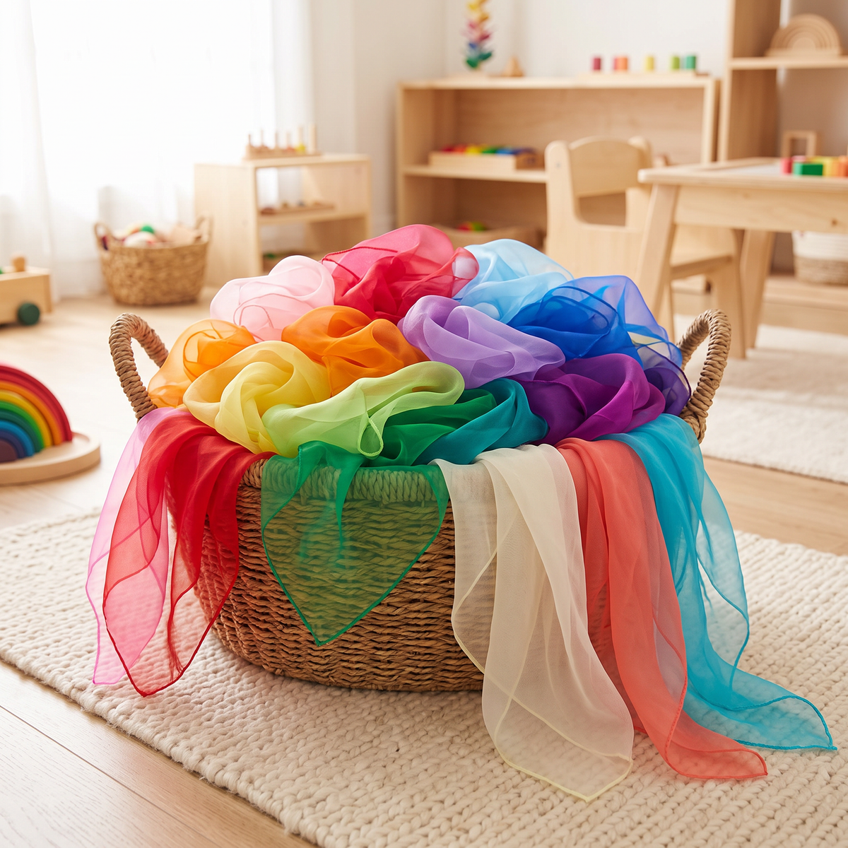22-color 60cm play silk set piled in a woven basket in a Montessori playroom