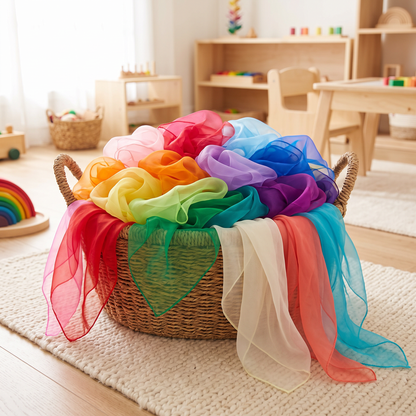 22-color 60cm play silk set piled in a woven basket in a Montessori playroom