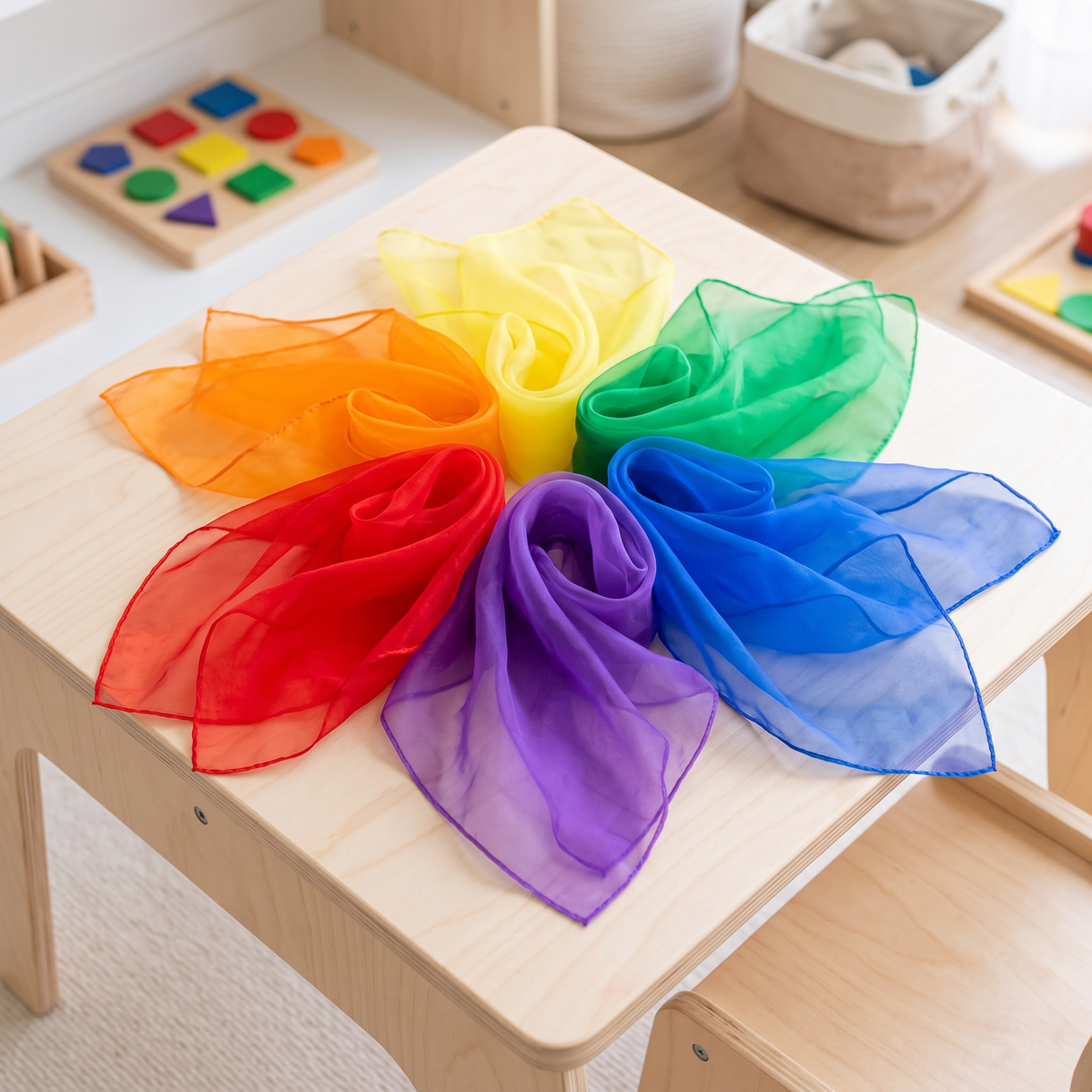 6-color 60cm play silk set fanned out on a Montessori play table