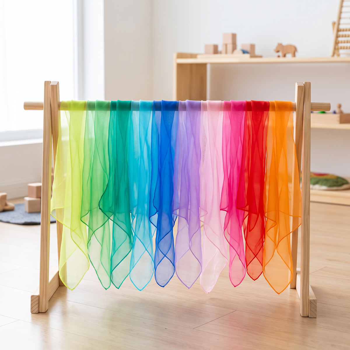 Rainbow play silk scarves in many colors draped over a wooden clothes rack in a Montessori playroom