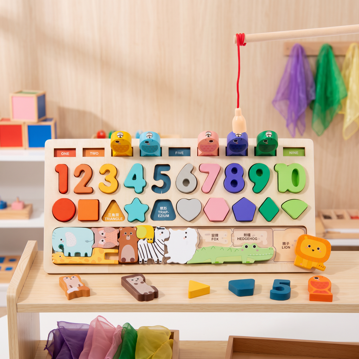 Wooden shape and number busy board propped upright on a shelf in a Montessori playroom