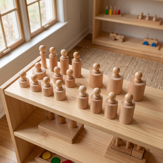 Wooden knobbed cylinders arranged on a Montessori shelf, in-context home setting
