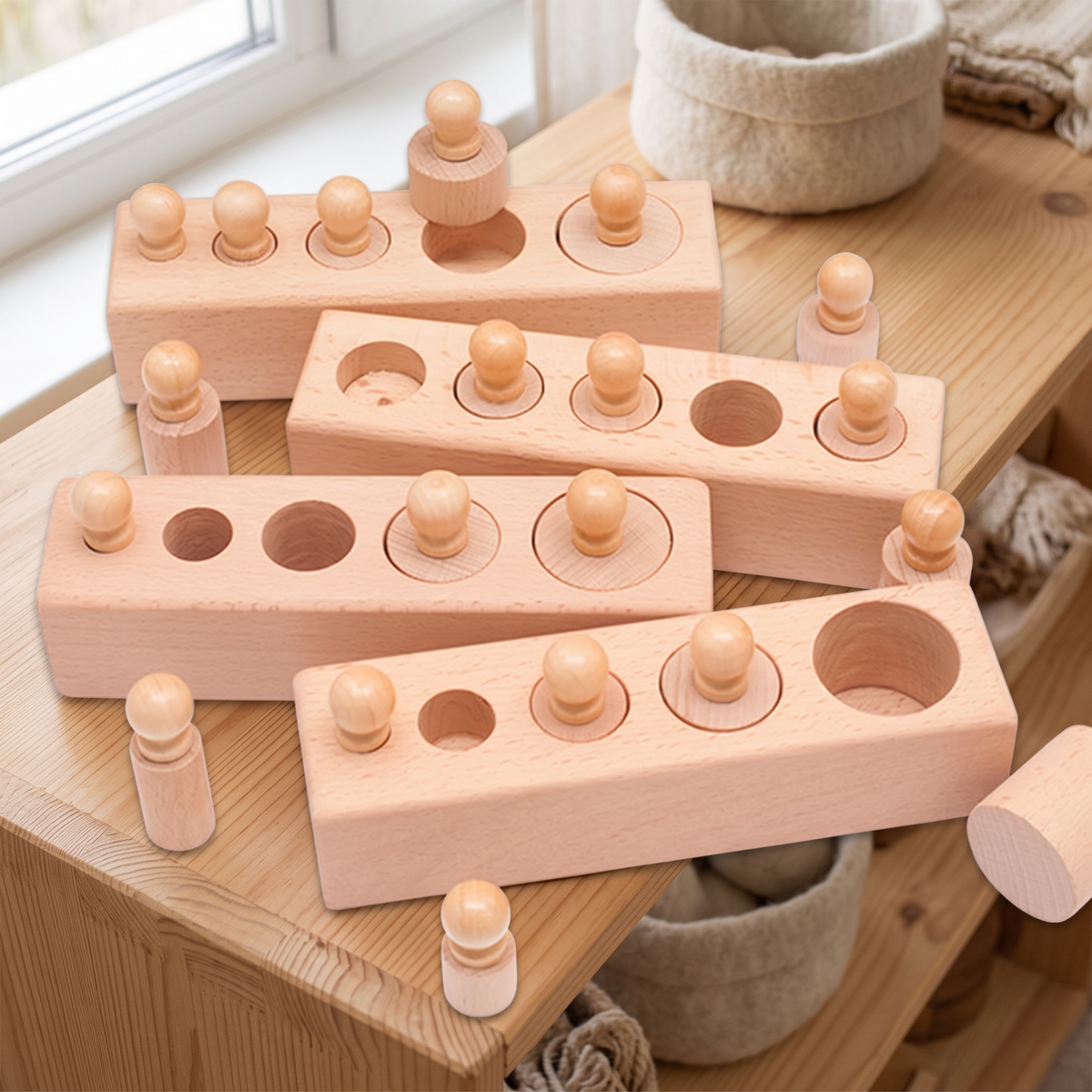 Four wooden knobbed cylinder blocks assembled together on a Montessori shelf, in-context home setting