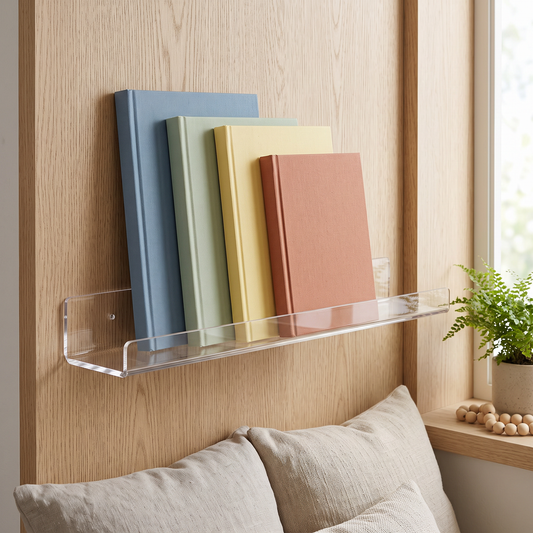Single clear acrylic wall ledge mounted in a home reading nook, holding a small stack of picture books