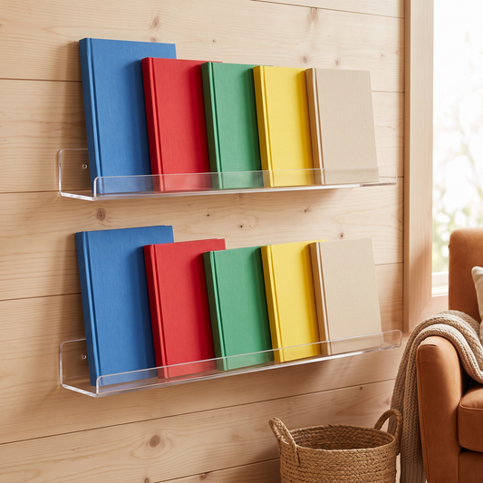 Two clear acrylic wall ledges mounted at different heights in a home reading nook, each holding picture books