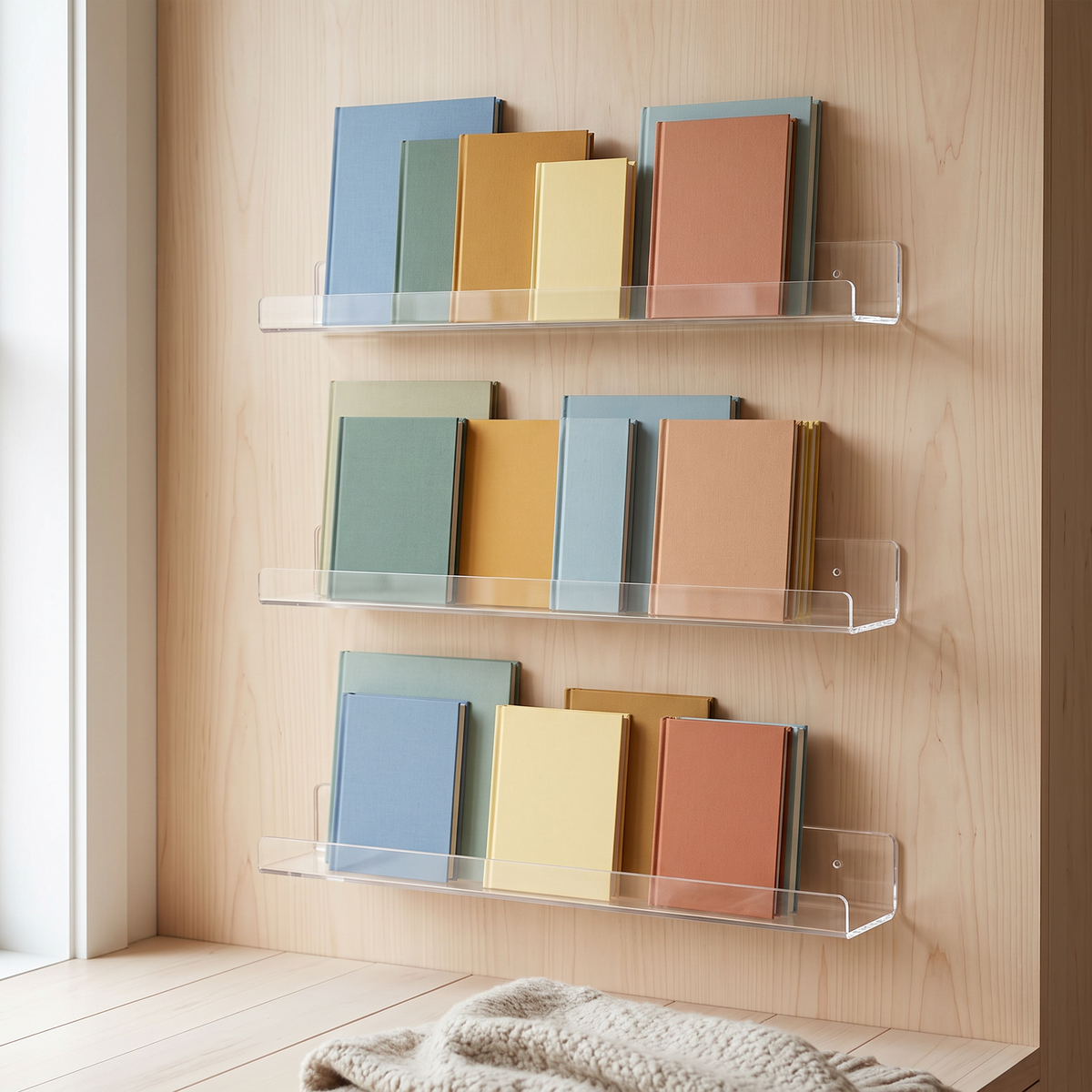 Three clear acrylic wall ledges mounted at different heights in a home reading nook, each holding picture books