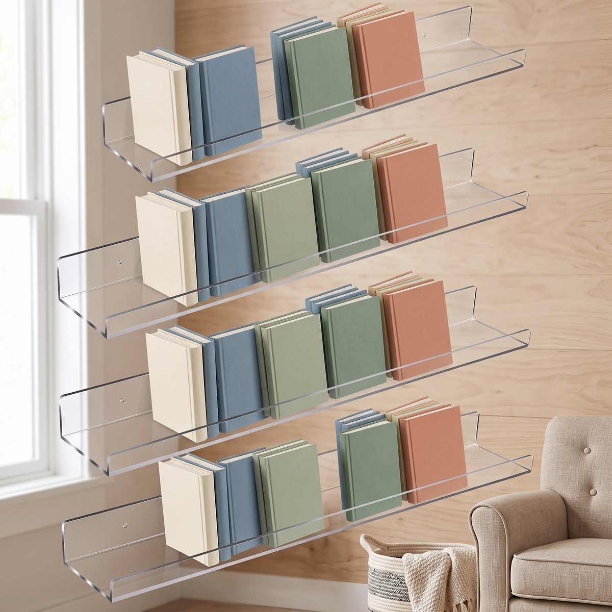 Four clear acrylic wall ledges mounted at different heights in a home reading nook, each holding picture books