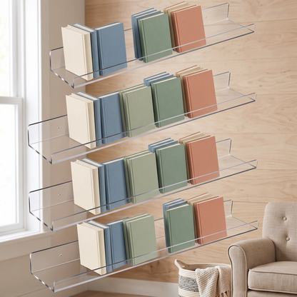 Four clear acrylic wall ledges mounted at different heights in a home reading nook, each holding picture books