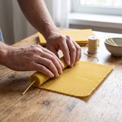 Adult hands rolling a natural beeswax sheet into a candle at a wooden craft table