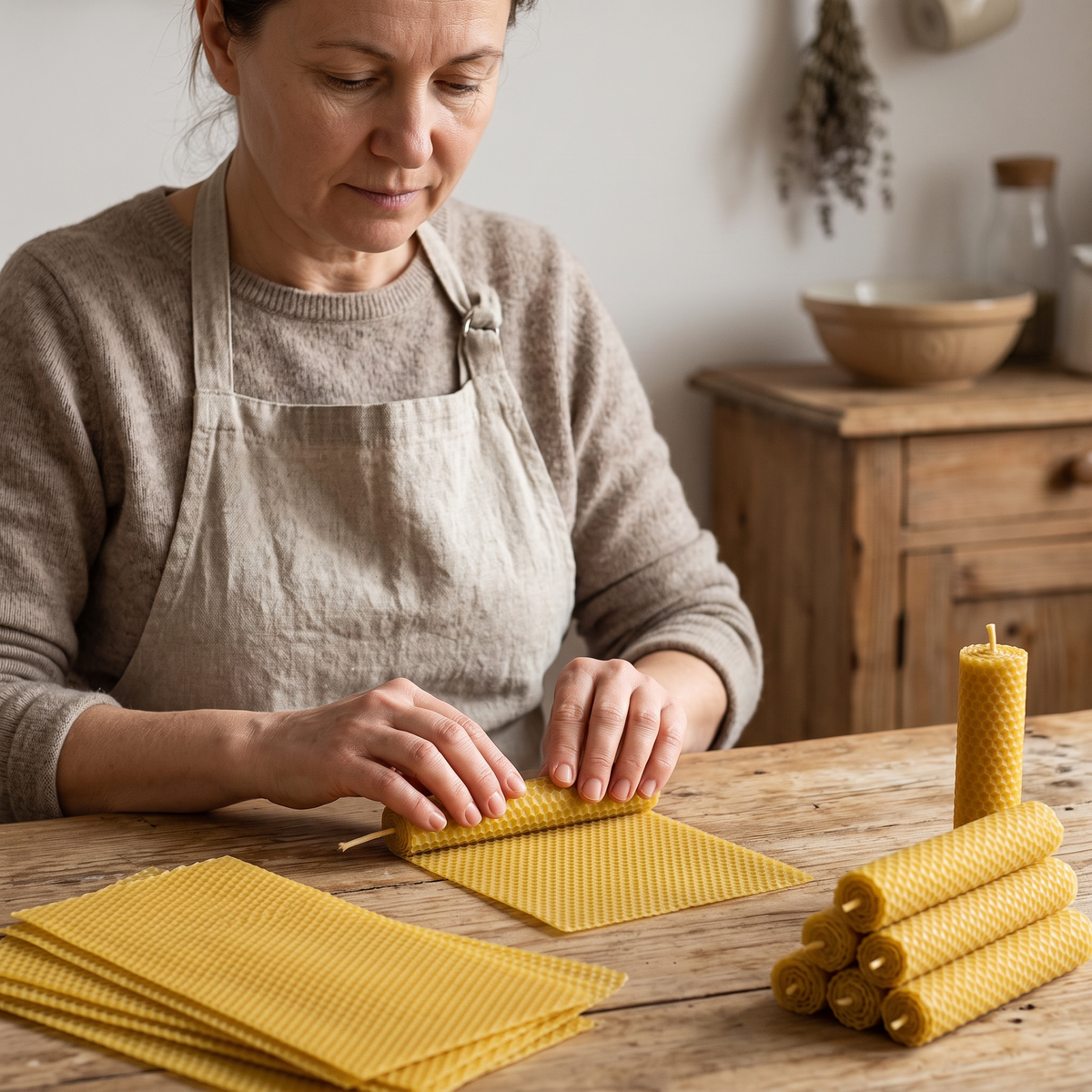 An adult rolling a beeswax candle at a home kitchen table