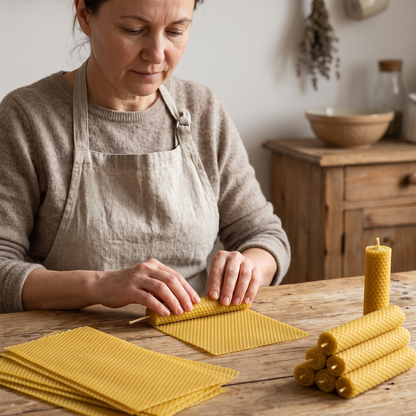 An adult rolling a beeswax candle at a home kitchen table