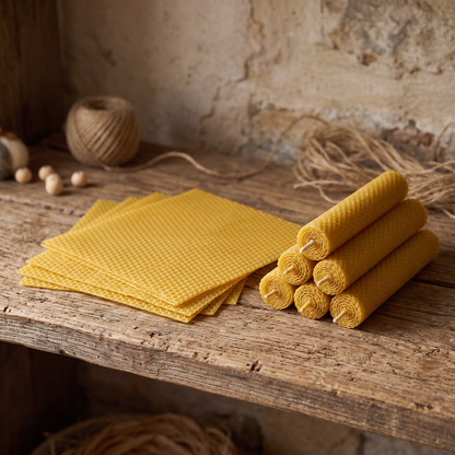 Natural beeswax candle-rolling sheets and finished rolled candles displayed on a rustic wood shelf, no people