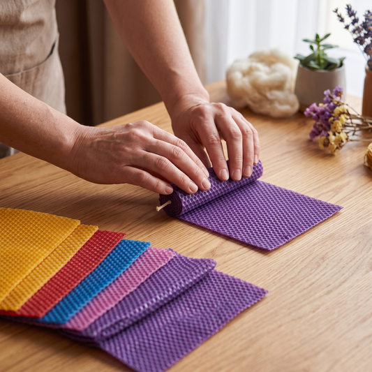 Adult rolling a colored beeswax sheet into a candle at a home craft table