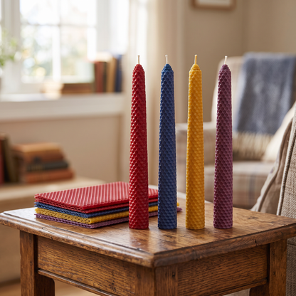Finished colored beeswax candles standing on a wooden table in a home living room