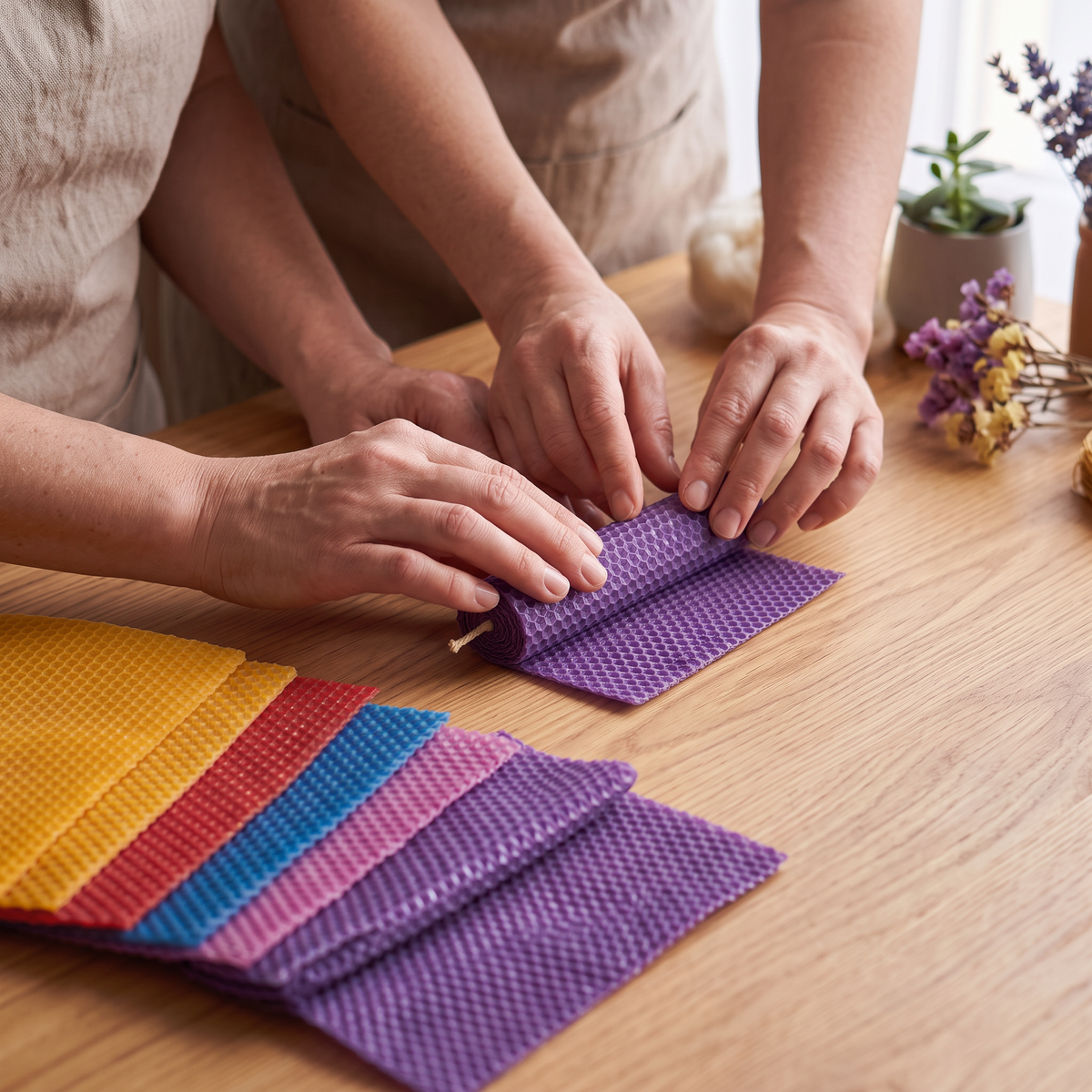 Two adults rolling colored beeswax candle sheets together at a home craft table, no children present